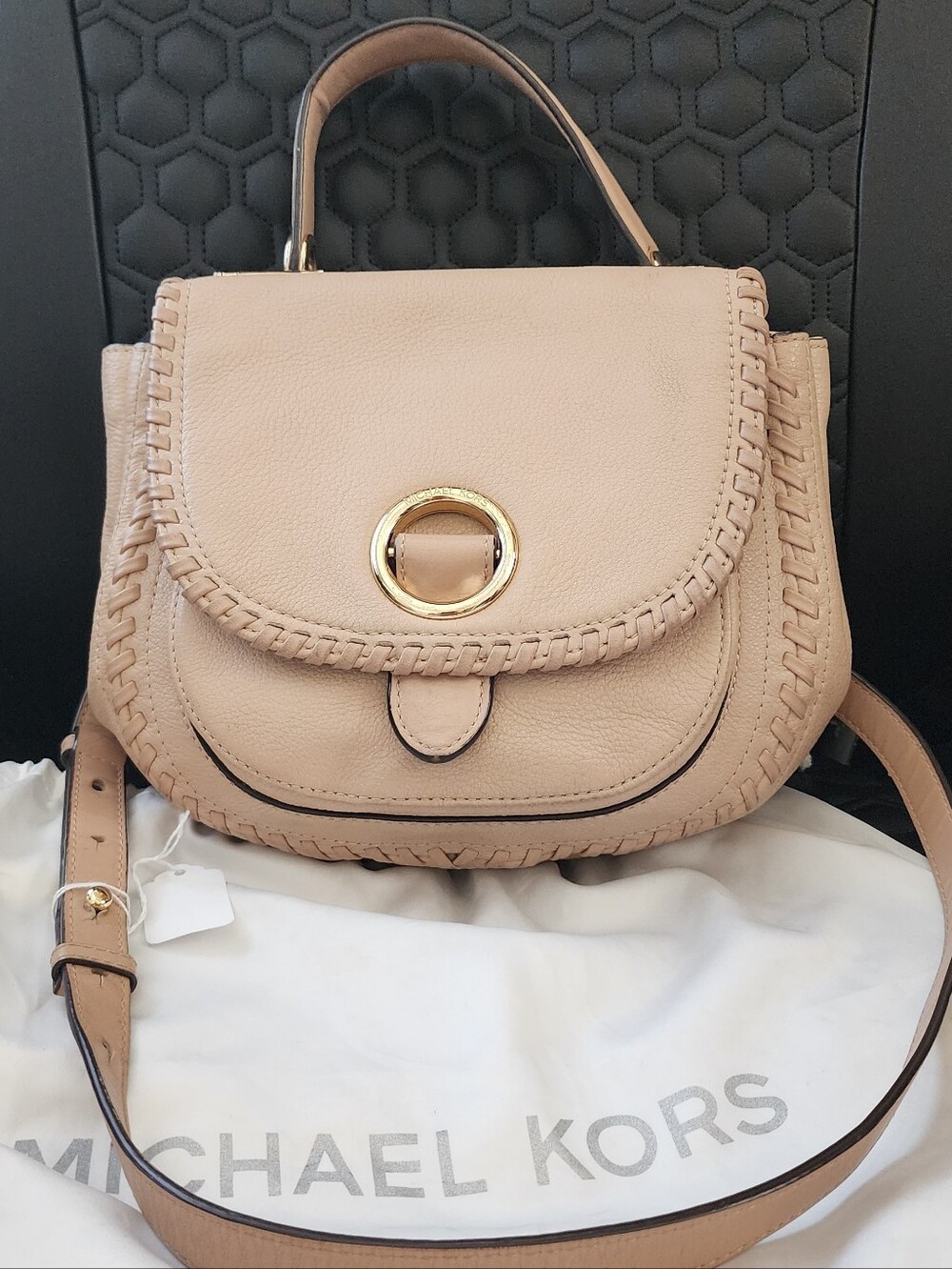 Michael Kors Blush Beige Leather Braided-Trim Crossbody